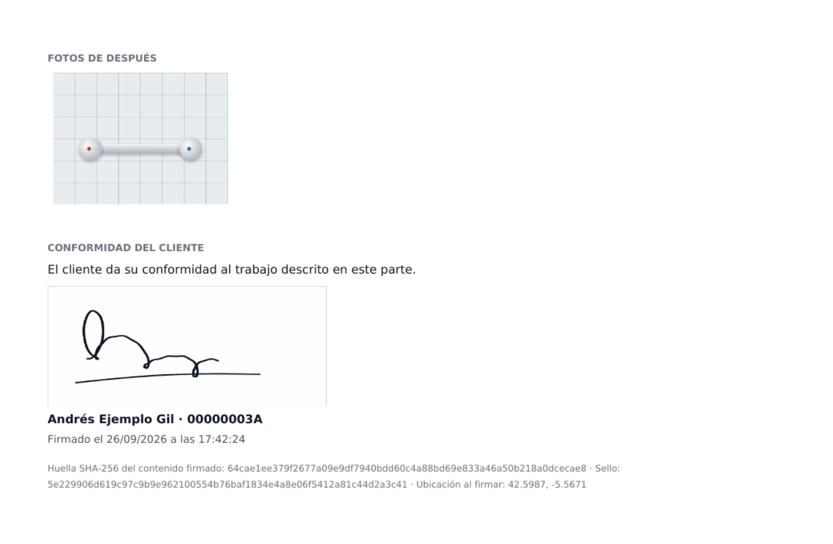 La segunda hoja: las fotos de después y la firma con su prueba