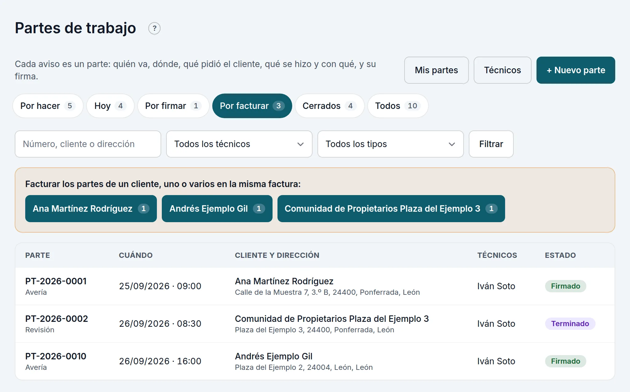 Los partes por facturar y un botón por cliente