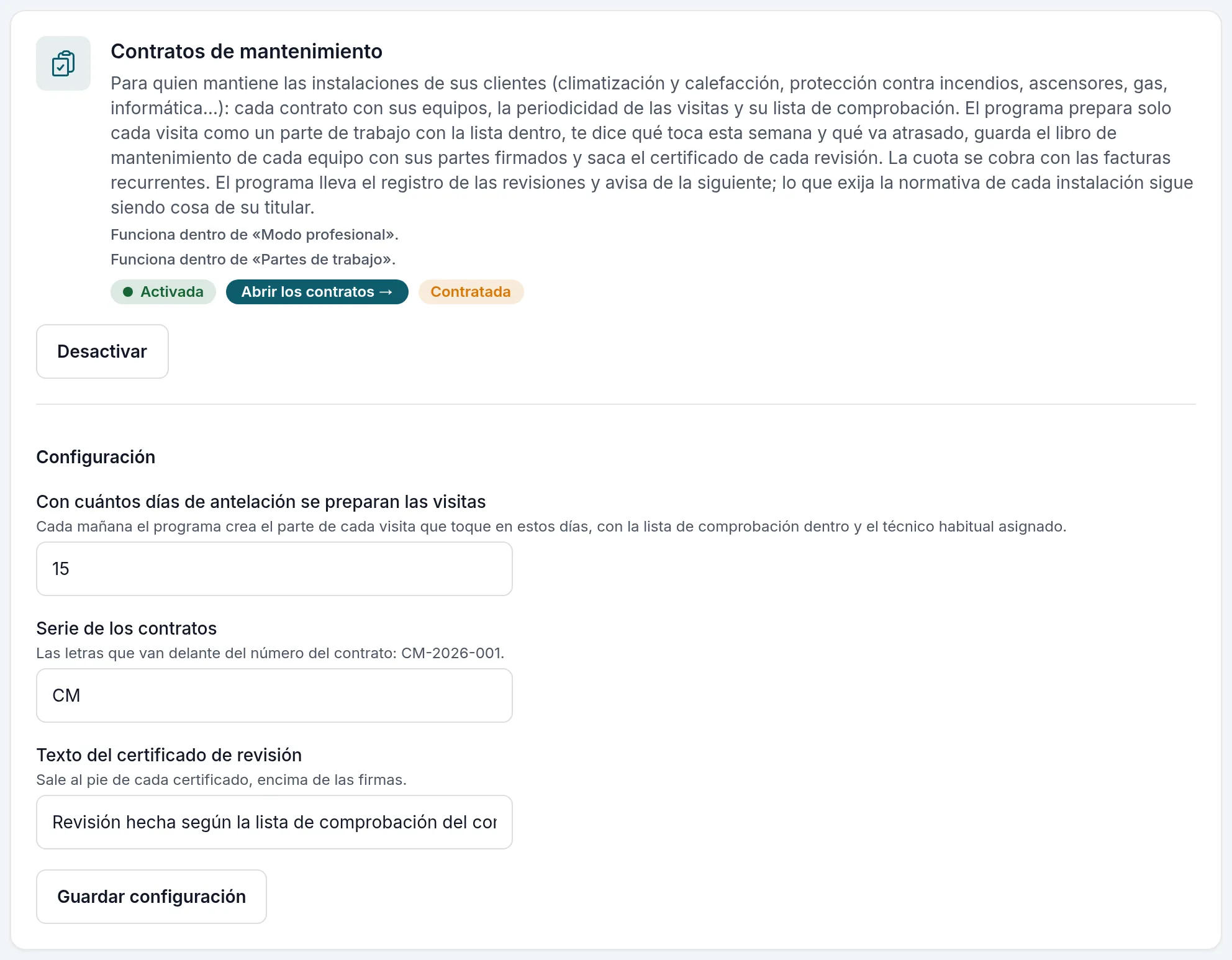 La tarjeta de los Contratos de mantenimiento