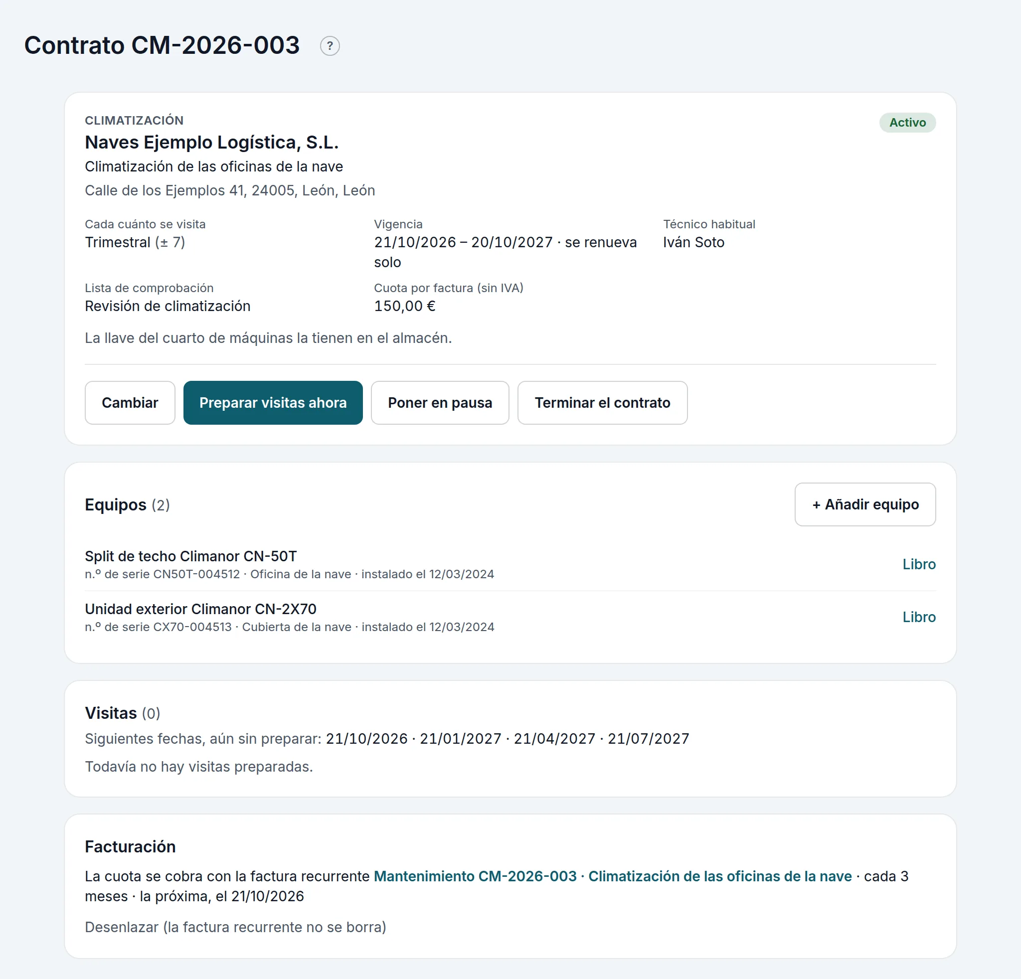 La ficha del contrato, con sus equipos, sus próximas visitas y su factura recurrente