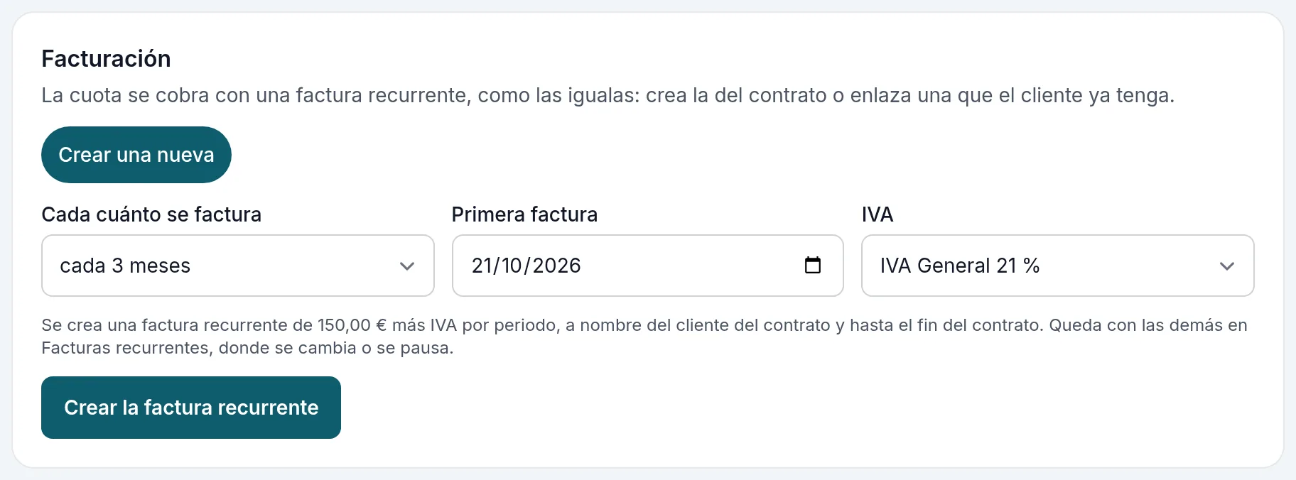 La facturación del contrato: su factura recurrente, cada tres meses