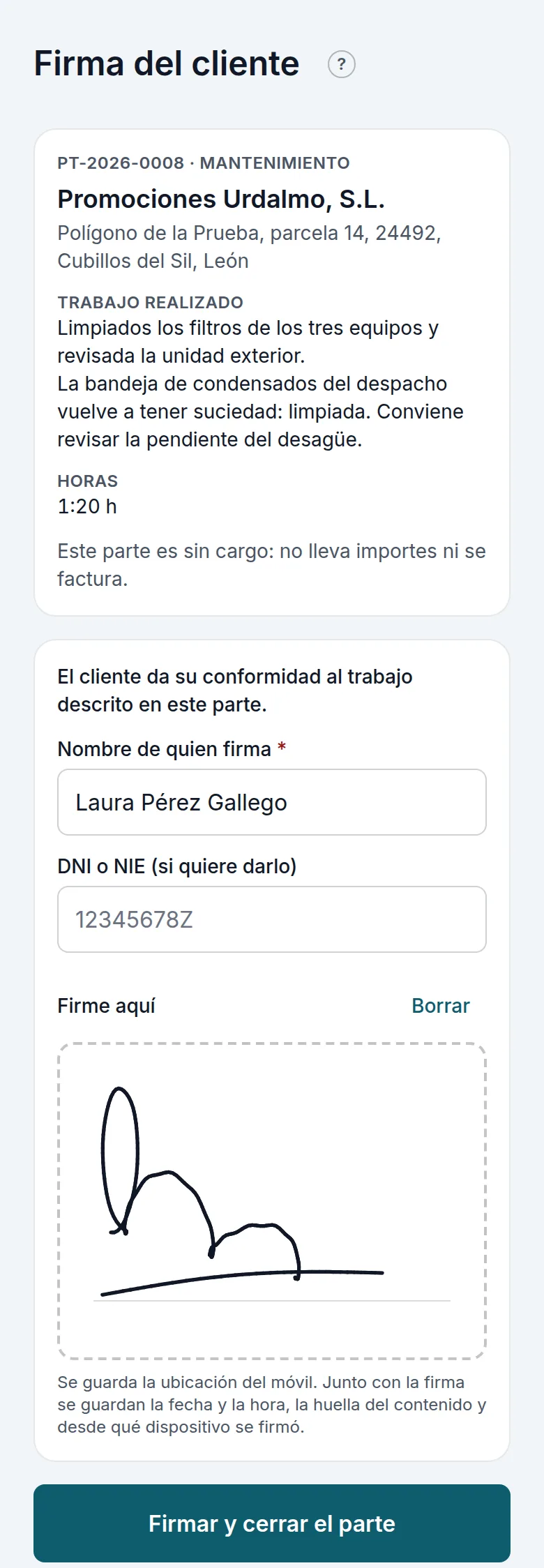 La firma de la visita, sin cargo