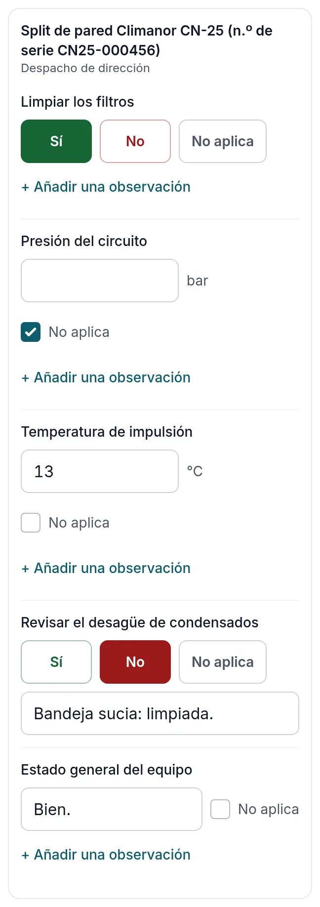 La lista de un equipo: un «Sí», un «No aplica», un valor, un «No» con su observación y un texto