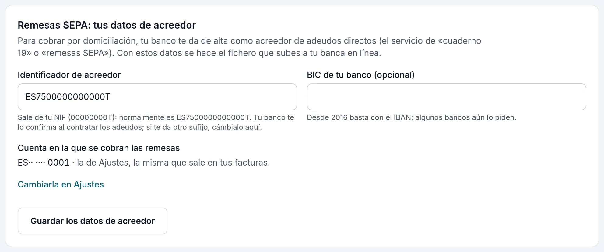Tus datos de acreedor para las remesas