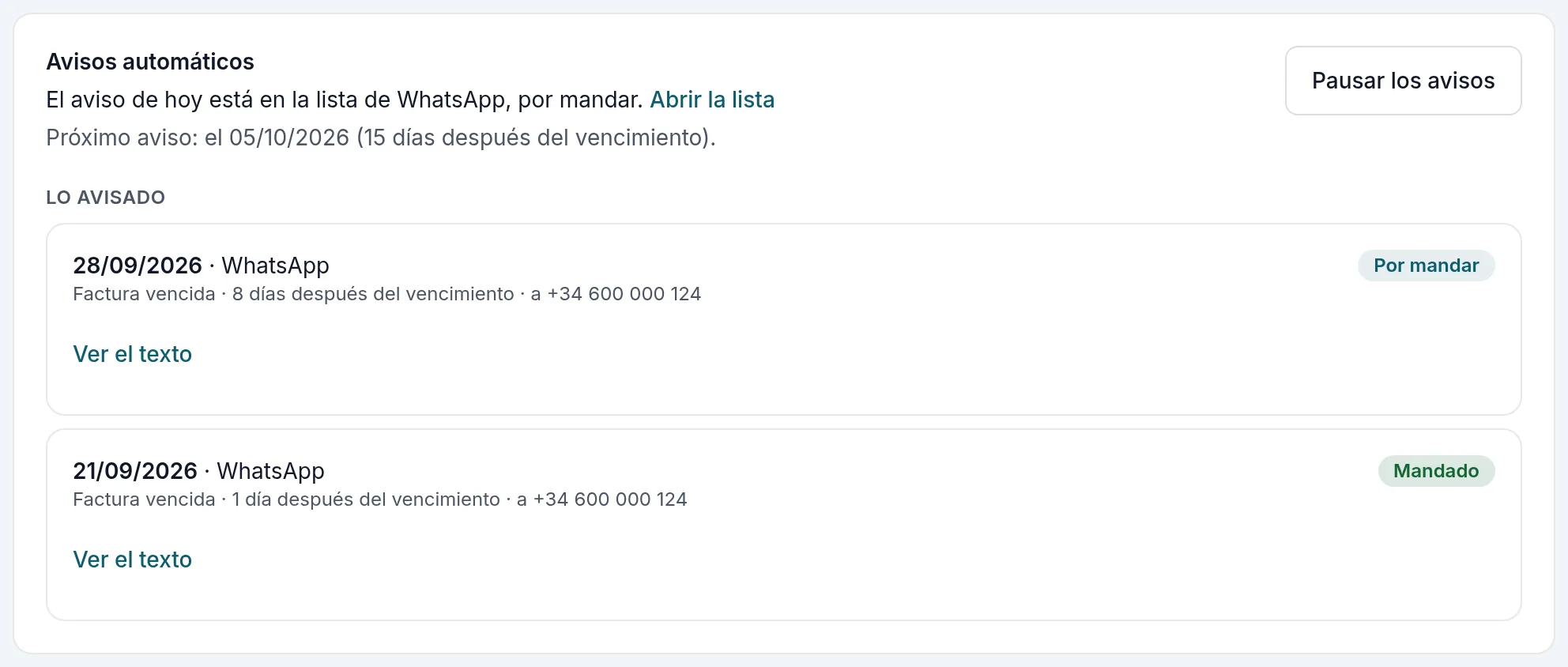 Los avisos automáticos de una factura vencida