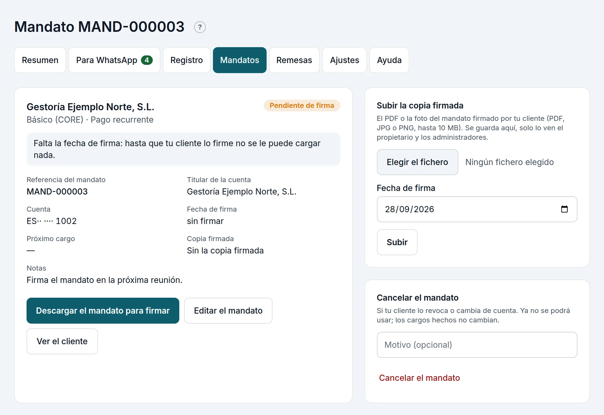 Un mandato pendiente de firma: descargarlo y subir la copia firmada