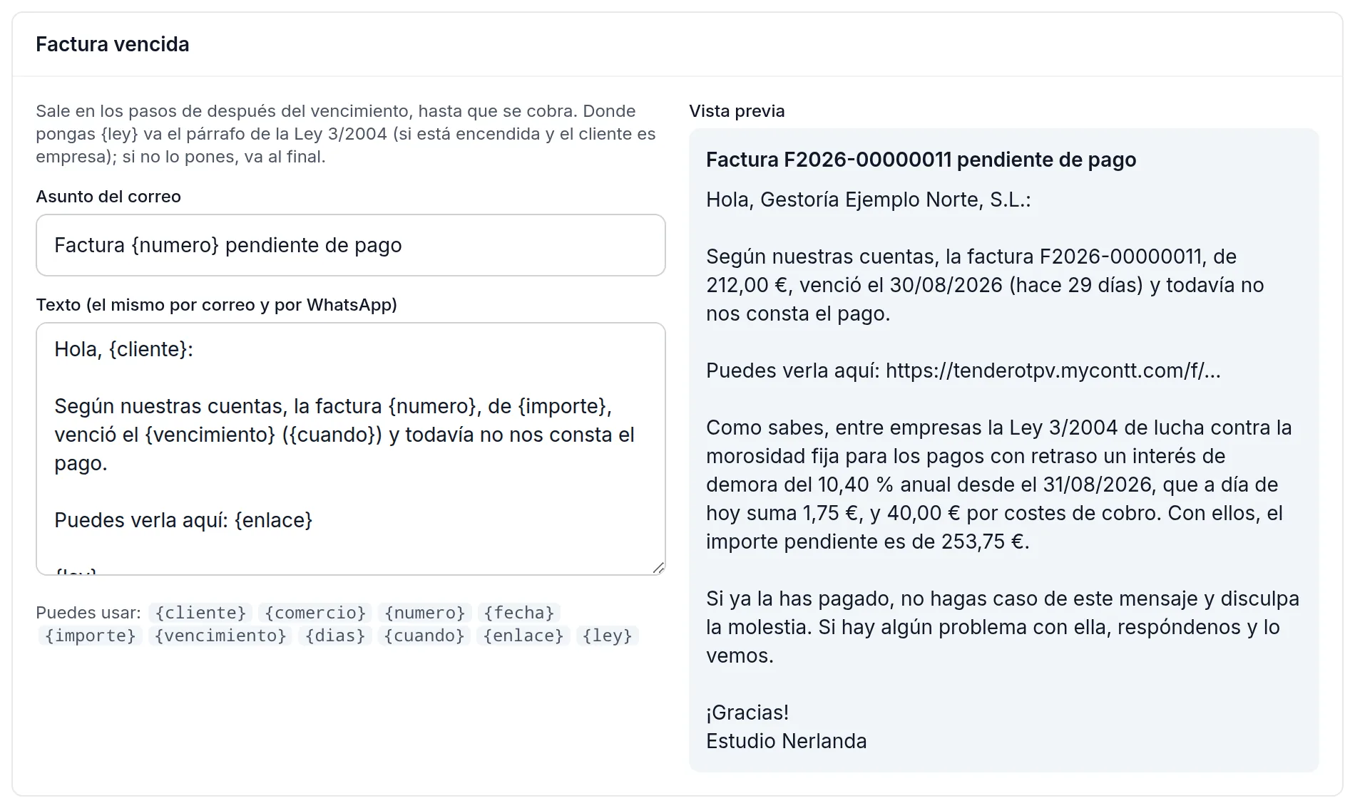 El texto de la factura vencida y su vista previa, con el párrafo de la ley