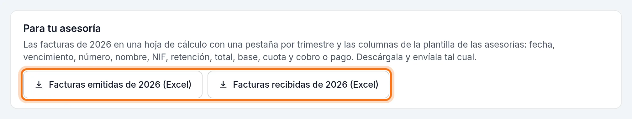 «Para tu asesoría»: las facturas emitidas y las recibidas del año, cada una en su Excel