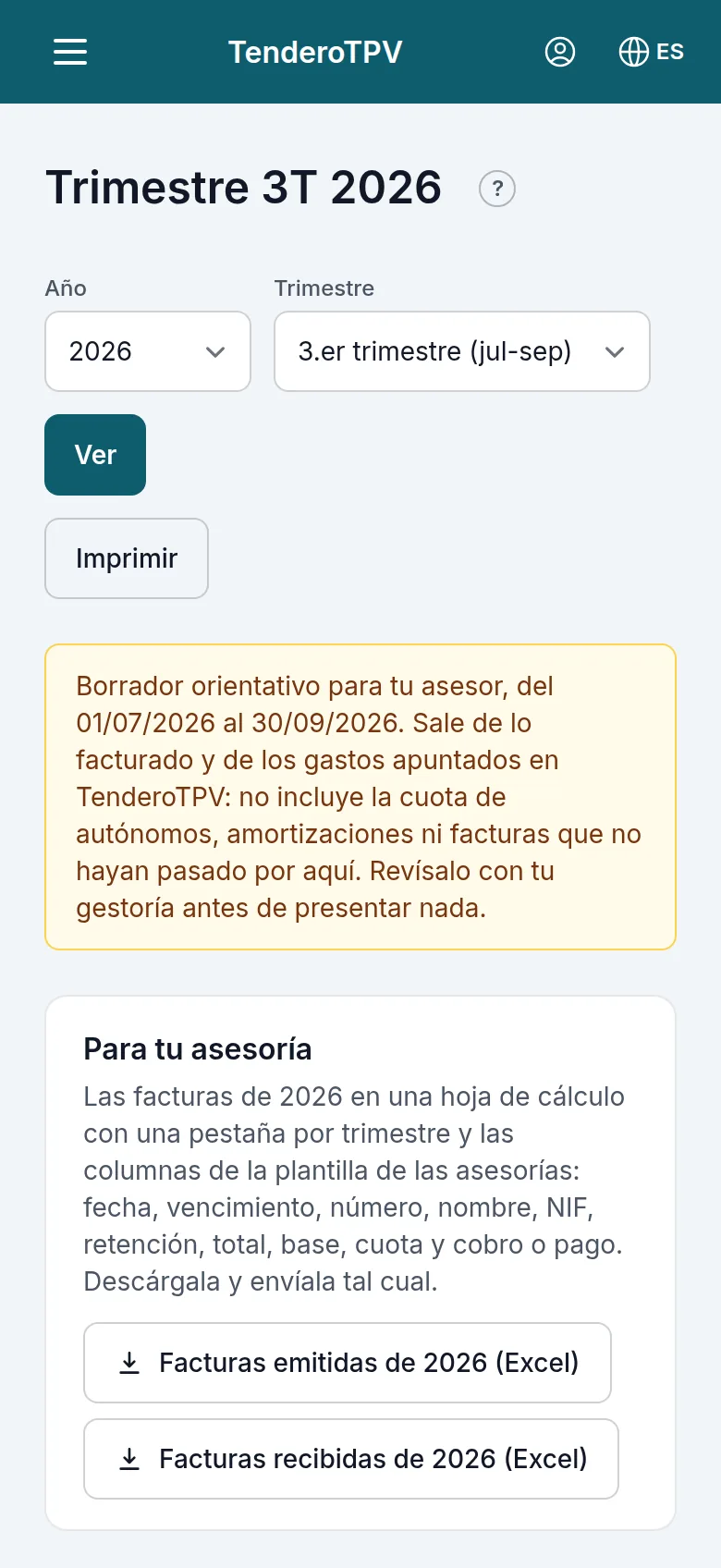 En el móvil, «Para tu asesoría» va debajo del periodo, con un botón encima del otro