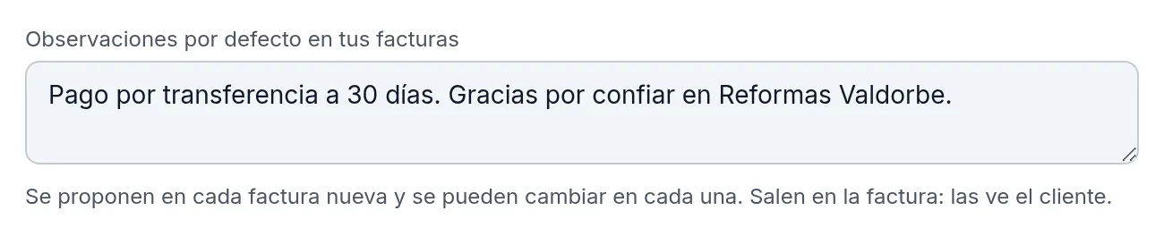 Las observaciones que se proponen en cada factura nueva