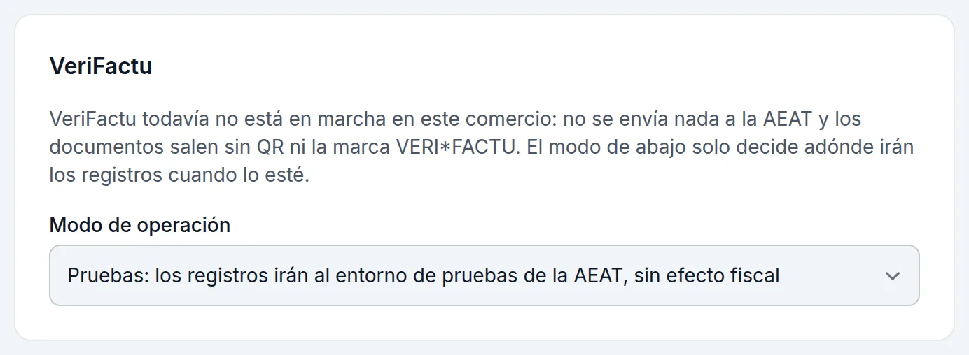 VeriFactu en Ajustes: todavía no está en marcha; déjalo en «Pruebas»